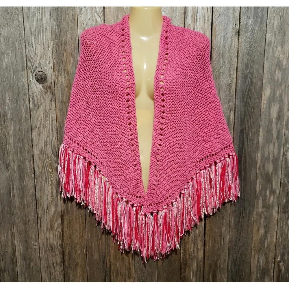 NEW Pink Hand Knitted Shawl Wrap Boho Fringe Cottage‎ Coquette Soft Girl Fairy